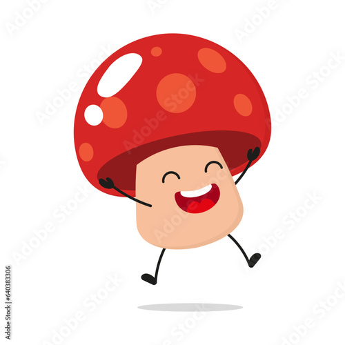 Cute happy mushroom character. Funny victory jump celebration fungus cartoon emoticon in flat style. mushroom emoji vector illustration