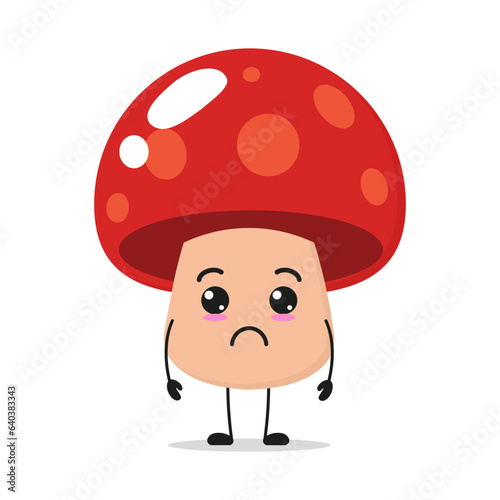 Cute sad mushroom character. Funny unhappy fungus cartoon emoticon in flat style. mushroom emoji vector illustration