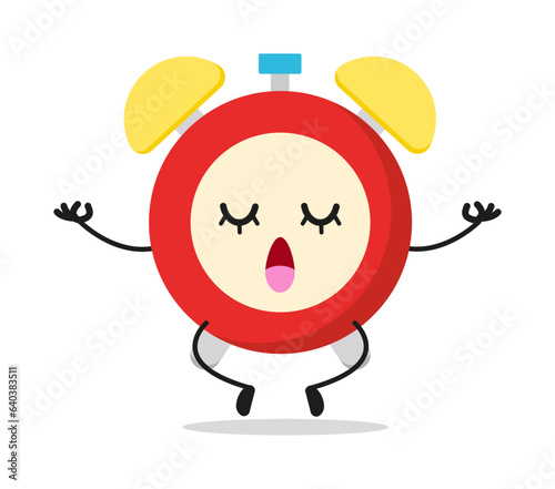 Cute relax alarm clock character. Funny yoga clock cartoon emoticon in flat style. alarm clock emoji meditation vector illustration