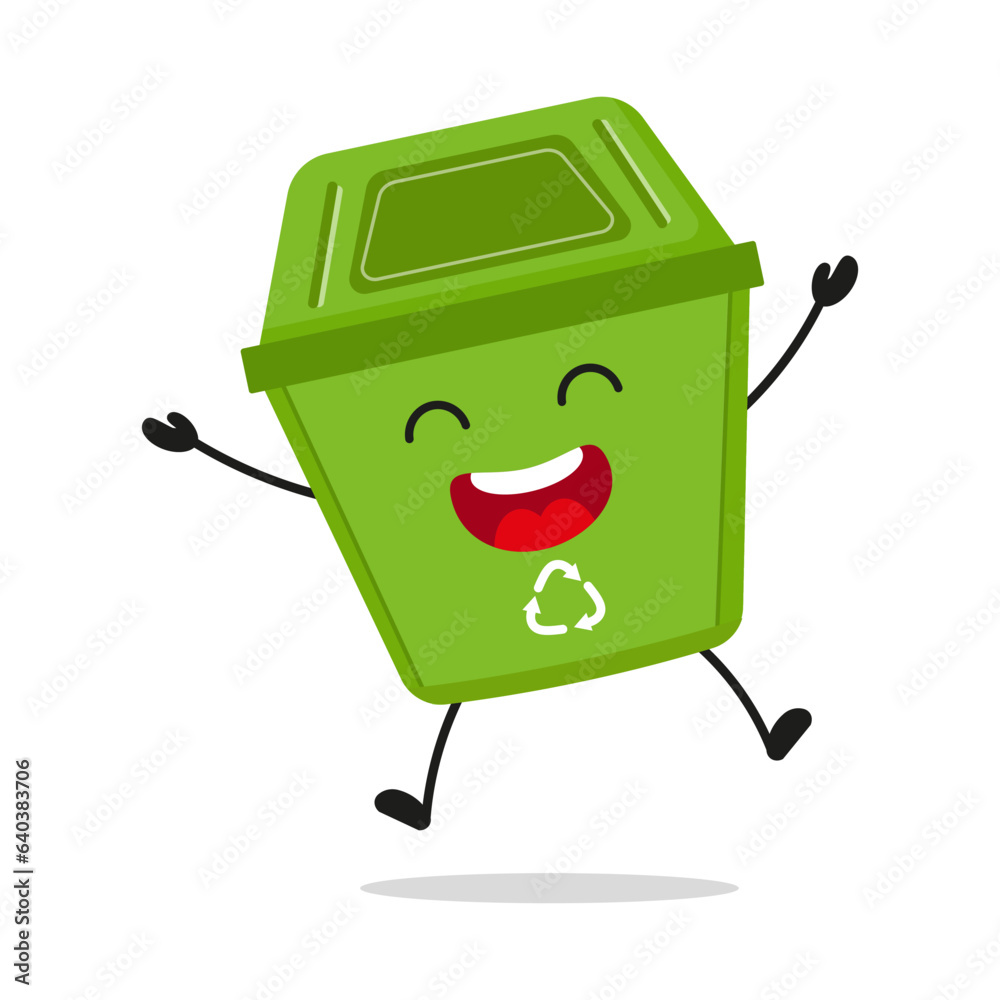 Cute happy trash bin character. Funny victory jump celebration dustbin