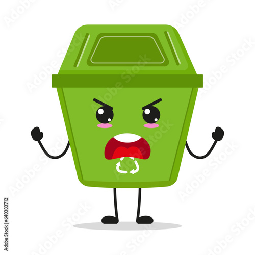 Cute furious trash bin character. Temperament dustbin cartoon emoticon in flat style. wastebin emoji vector illustration