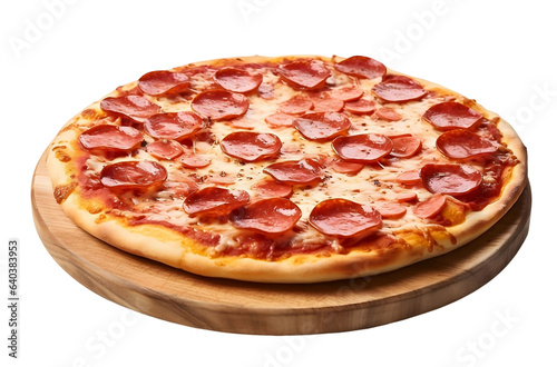 a pepperoni pizza on transparent background with a round pizza crust