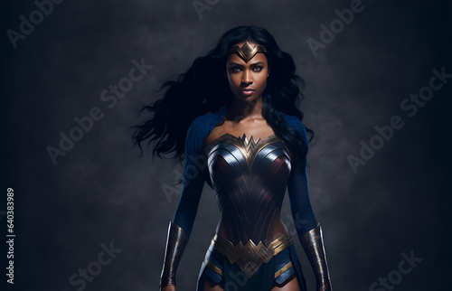 Beautiful black woman wearing superhero costume. Powerful amazon warrior princess © Gaston