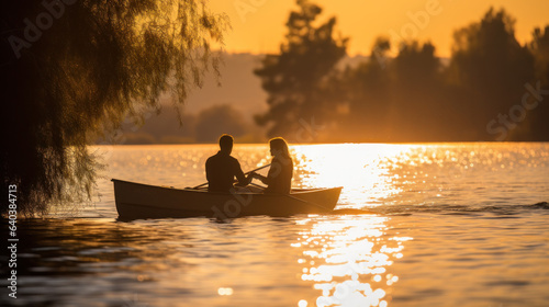 Wanderlust: A couple in love travelling on a boat at sunset during golden hour, Generative AI 