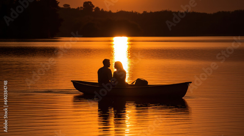 Wanderlust: A couple in love travelling on a boat at sunset during golden hour, Generative AI 