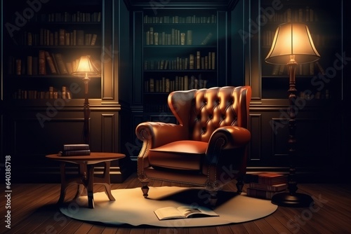 Reading room in old library or house. Vintage style leather photo