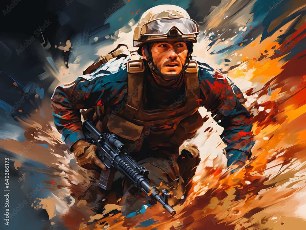 Close-up of a Soldier on the run. Illustration in abstract multi-color background. A soldier with a rifle. Marines. Generative AI Close-up of a Soldier on the run. Illustration in abstract multi-color background. A soldier with a rifle. Marines. Generative AI