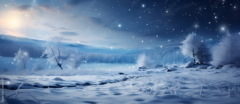 Snow-covered field with snowflakes falling, styled in tones of light silver and light navy