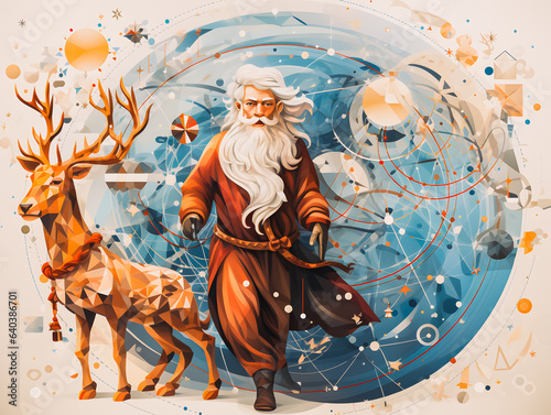 Running modern Santa Claus  with geometric reindeers in the background. Christmas shopping time. Generative AI