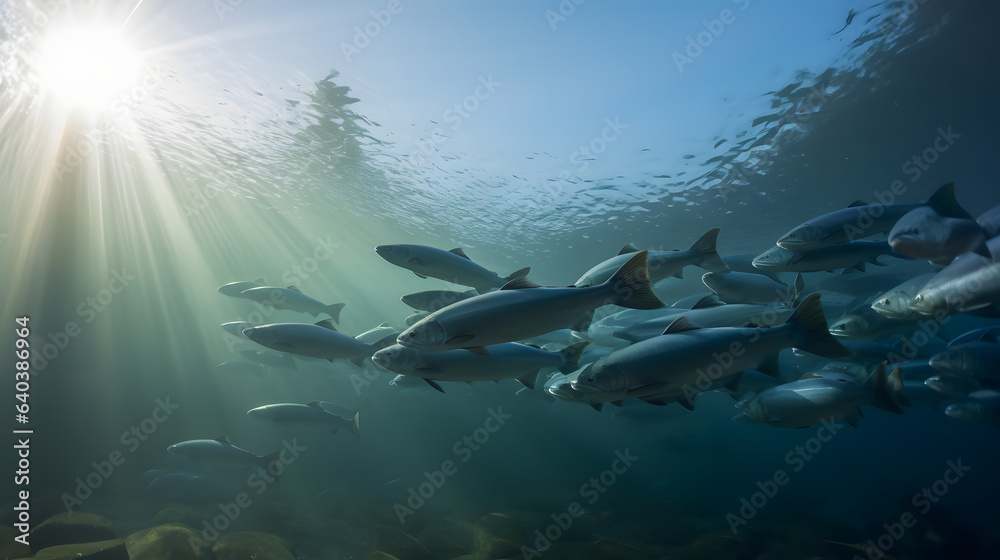 Obraz premium Widescreen Waters: The Panoramic Dance of Trout in Nature's Currents
