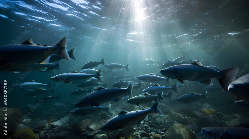 Fototapeta premium Widescreen Waters: The Panoramic Dance of Trout in Nature's Currents