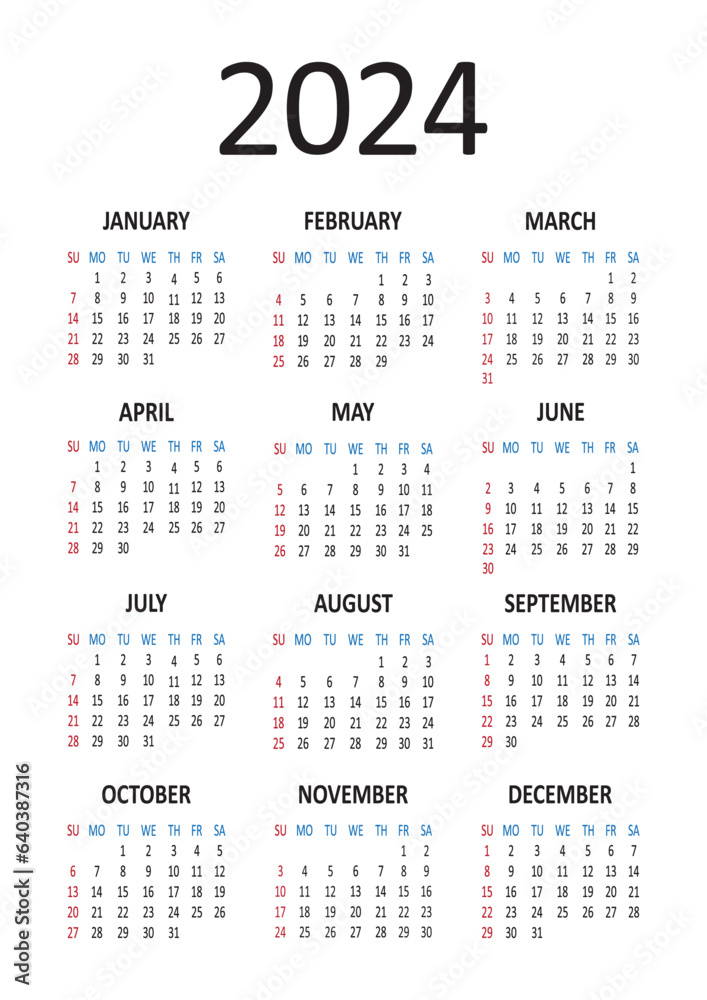 American calendar 2024 year. Week starts on Sunday. Vector illustration