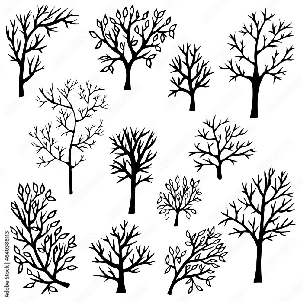 Obraz premium A set of doodle trees, a drawing of black trees on a white background, a drawn forest