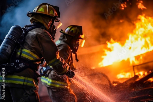 Fototapeta Photo of a group of firefighters battling a blazing fire