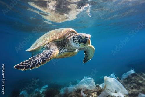 sea turtle swims dirty water, ocean polluted with household garbage, plastic bags and bottles, environmental disaster