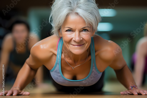 old woman doing push-ups from the floor, sport and fitness for older people