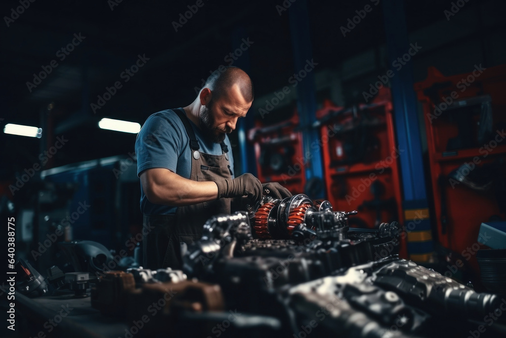 auto mechanic repairs an automobile unit, gearbox, generator, car repair shop auto mechanic repairs an automobile unit, gearbox, generator, car repair shop