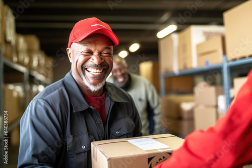 Photo of a man in a red hat handing a box to another man with a smile