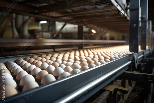 poultry farm production of chicken eggs, eggs are on the conveyor