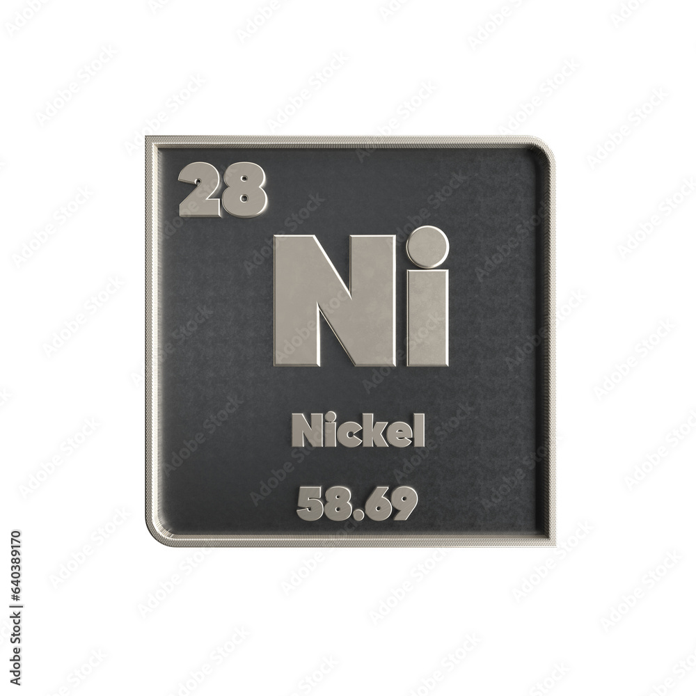 Nickel chemical element black and metal icon with atomic mass and atomic number. 3d render illustration.