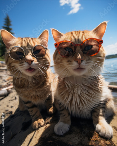 cats and dogs in sunglasses and fashionable clothes on the beach summer sun