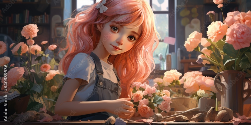 cute girl in flower shop. Flower shop. Generative AI