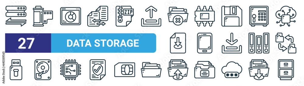 set of 27 outline web data storage icons such as synchronization, film ...