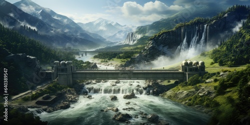 Image of a hydroelectric dam, as source of energy the movement of water. Generative AI