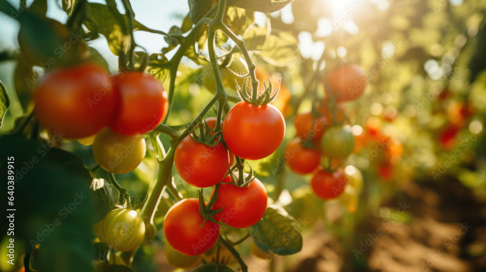 Tomatoes Grown Organically on Sunny Farm Bushes
