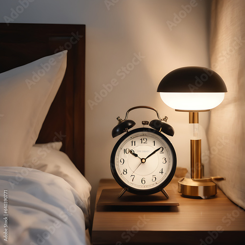 Reloj despertador sobre una mesita de noche, junto a una lámpara encendida y una cama en una habitación  photo