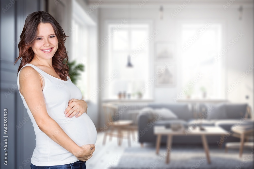 Happy smiling pregnant woman at home, AI generated image Happy smiling pregnant woman at home, AI generated image