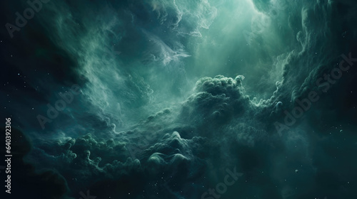 green nebula background. Outer space, cosmic landscape.