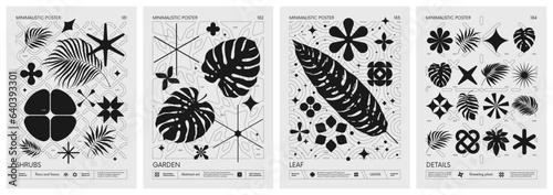 Modern geometric vector Minimalistic Posters with simple shapes, and exotic leaves, tropical plants, Artwork with silhouette abstract graphic elements basic figures, inspired by brutalism, set 46