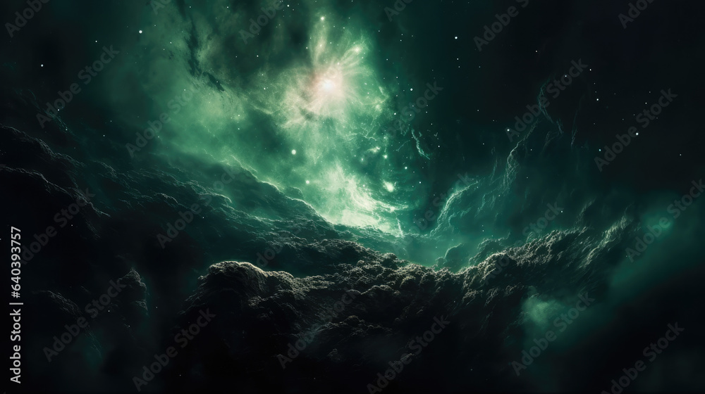 green nebula background. Outer space, cosmic landscape.