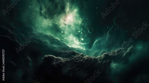 green nebula background. Outer space, cosmic landscape.