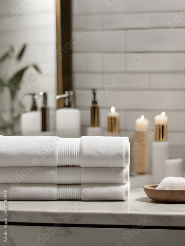 Stack of white towel with cosmetics behind, in the bathroom