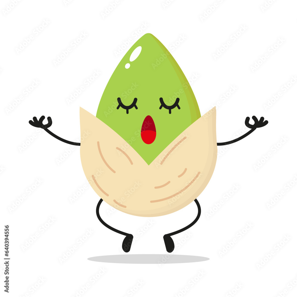 Cute relax pistachio character. Funny yoga fruit cartoon emoticon in
