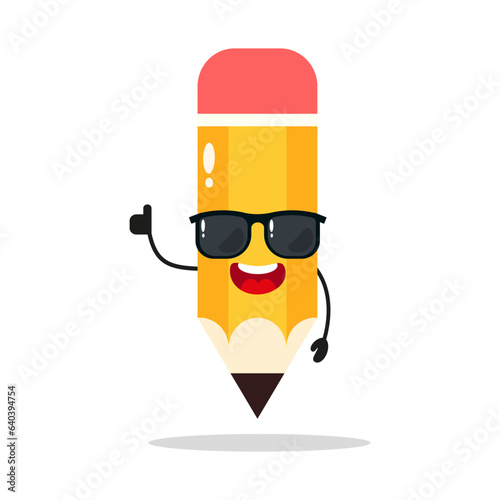 Cute happy pencil character wear sunglasses. Funny school quipment greet friend cartoon emoticon in flat style. pencil vector illustration