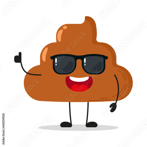 Cute happy poo character wear sunglasses. Funny stool greet friend cartoon emoticon in flat style. feces vector illustration