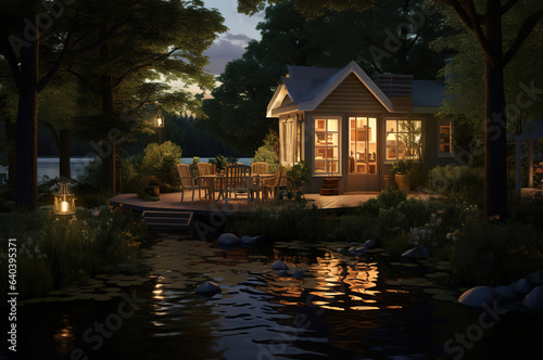 Beautiful cottage in the forest at night with lake
