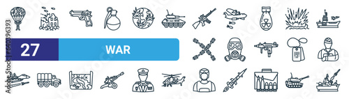 Fotografering set of 27 outline web war icons such as parachute, destroyed, pistol, bomber, gas mask, military truck, soldier, battlecruiser vector thin line icons for web design, mobile app