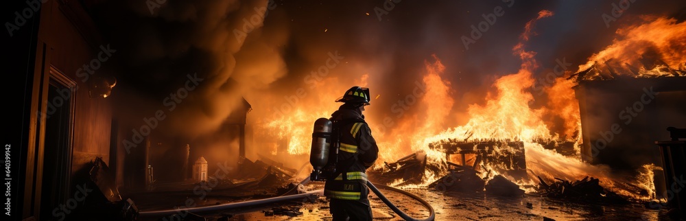 
A professional firefighter puts out the flames. A burning house and a man in uniform, view from the back. Concept: Fire engulfed the room, danger of arson