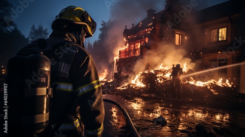  A professional firefighter puts out the flames. A burning house and a man in uniform, view from the back. Concept: Fire engulfed the room, danger of arson