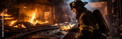  A professional firefighter puts out the flames. A burning house and a man in uniform, view from the back. Concept: Fire engulfed the room, danger of arson