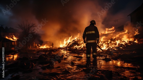  A professional firefighter puts out the flames. A burning house and a man in uniform  view from the back. Concept  Fire engulfed the room  danger of arson