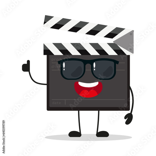 Cute happy clapper board character wear sunglasses. Funny clapboard greet friend cartoon emoticon in flat style. clapper board vector illustration
