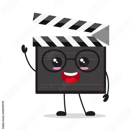 Cute happy clapper board character wear eyeglasses. Smiling and greet slate board cartoon emoticon in flat style. clapper board vector illustration