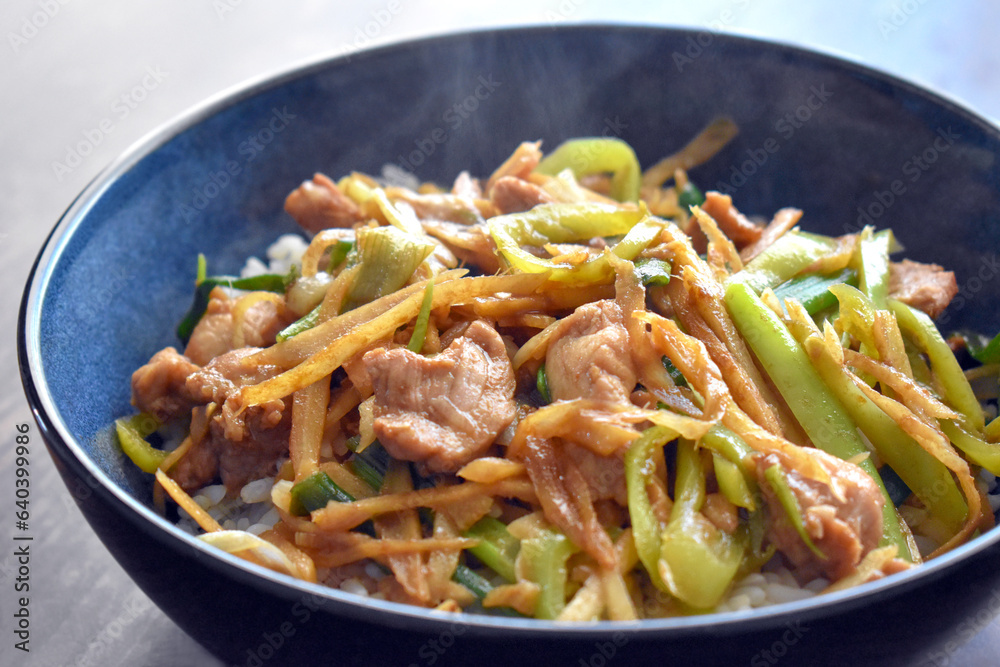 Stir fried pork with ginger, garlic, onion and chillies in a bowl with boiled rice. Stir fried pork with ginger, garlic, onion and chillies in a bowl with boiled rice.