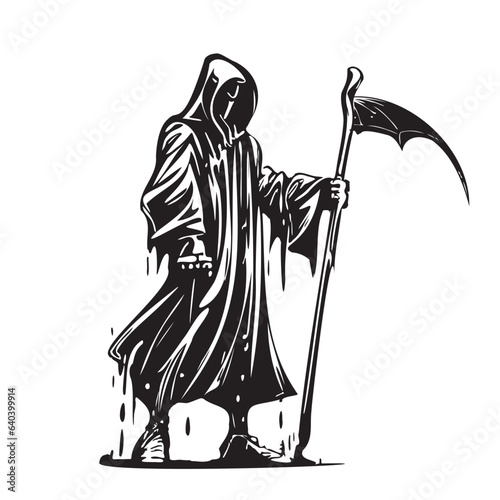 Death in a cloak walking hand drawn sketch in doodle Halloween style illustration