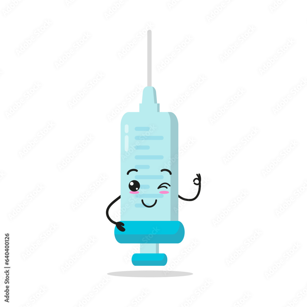 Cute happy syringe character. Funny smiling and wink medication cartoon emoticon in flat style. injection vector illustration Cute happy syringe character. Funny smiling and wink medication cartoon emoticon in flat style. injection vector illustration